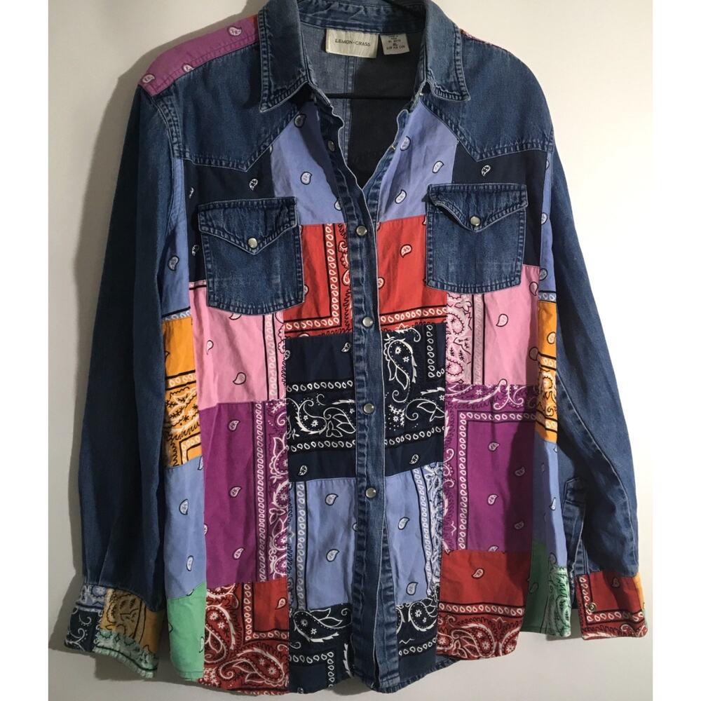 Patchwork Vintage Women's Sz XL Button up Bandana Cowgirl Multicolor Denim Shirt - Picture 2 of 5